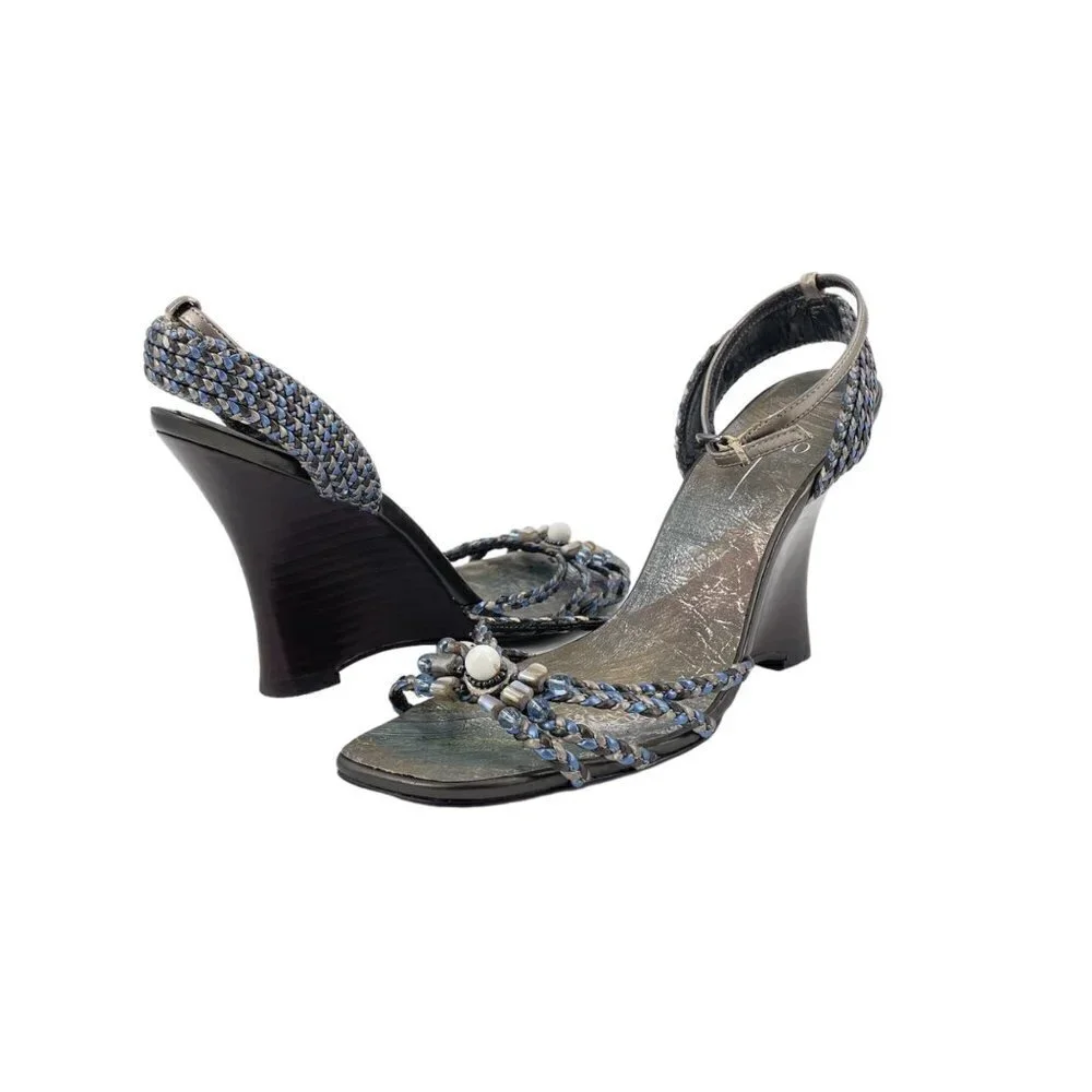 Linea Paolo Leather Braided Beaded Ankle Strap Wedges Sandals Womens Size 6.5